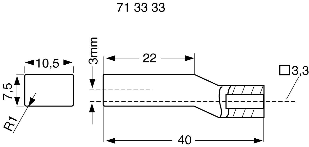 Rysunek techniczny elementu metalowego z wymiarami: 10,5 mm wysokości, 40 mm długości, 7,5 mm szerokości, 3 mm grubości. Otwór kwadratowy: 3,3 mm.