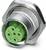 Srebrny elektryczny okrągły wtyk z zielonym, czteropinowym wkładem. Odpowiedni do zastosowań przemysłowych.