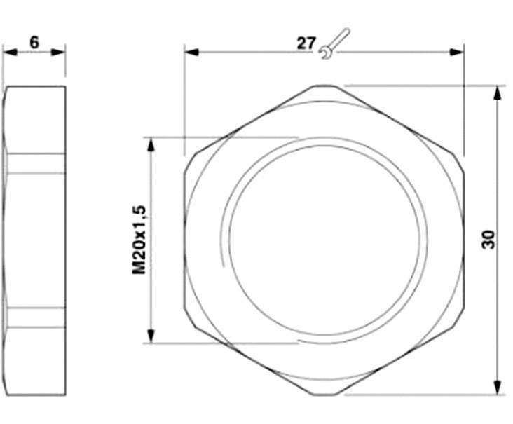 Rysunek techniczny nakrętki o kształcie sześciokąta. Wymiary: średnica 30 mm, wysokość 6 mm, gwint M20x1,5, rozstaw klucza 27 mm.