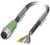 Przewód z otwartymi końcówkami, posiadający zielony wtyk oraz kilka kolorowych, nieosłoniętych przewodów po drugiej stronie; akcesoria elektroniczne.