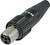 Czarny wtyk XLR z metalową obudową i trzema stykami, często stosowany w profesjonalnych połączeniach audio.