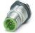 Metalowy złącz z zielonym zakończeniem z tworzywa sztucznego i wieloma metalowymi stykami. Stosowany do przemysłowych połączeń kablowych.