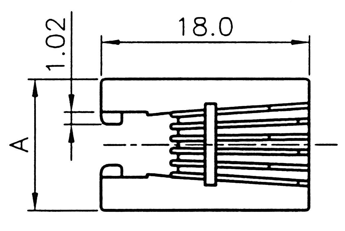 Rysunek techniczny złącza z podanymi wymiarami: szerokość 1,02 mm, długość 18,0 mm. Przedstawiono szczeliny złącza oraz przewody.