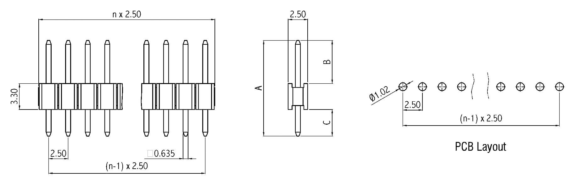 'Układ pinów złącza: rozstaw pinów 2,50 mm, wysokość 3,30 mm. Diagram przedstawia widok z boku i widok z góry. Projekt PCB po prawej stronie.'