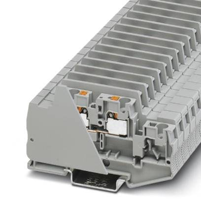 Szary element elektroniczny składający się z wielu połączonych modułów. Nadaje się do stosowania w szafach elektrycznych.