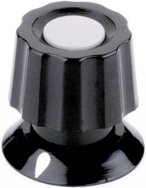 Czarny, ryflowany pokrętło z okrągłą, błyszczącą metalową nakładką, służący jako element sterujący w urządzeniach elektronicznych.