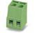 Zielony, dwubiegunowy złącze elektryczne, odpowiednie do obwodów elektrycznych, wyposażone w dwie zaciski przyłączeniowe oraz dwa metalowe piny do montażu.