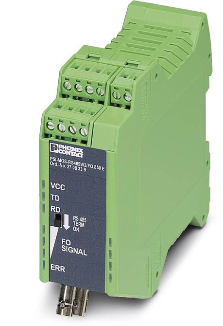 Zielona moduł komunikacyjny firmy Phoenix Contact z interfejsem RS-485 i diodami LED sygnalizacyjnymi. Numer modelu: PSI-MOS-RS485W2/FO 850 E.