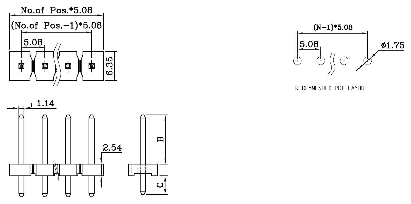 'Rysunek techniczny złącza: przedstawia widok z przodu i z boku oraz rekomendowany układ płytki drukowanej z wymiarami.'