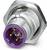 Metalowy wtyk z fioletowym gniazdem i kilkoma złotymi stykami. Jest cylindryczny i posiada sześciokątny gwint śrubowy.