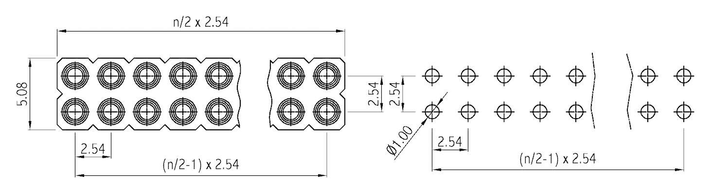 Rysunek techniczny prostokątnego złącza wtykowego z jednostkami miary w milimetrach. Kluczowe wymiary wynoszą 2,54 mm oraz 5,08 mm.
