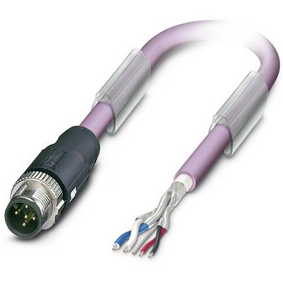 Fioletowy kabel Ethernet z wtykami po obu stronach, czarną izolacją oraz widocznymi żyłami w kolorach niebieskim, białym i czerwonym.