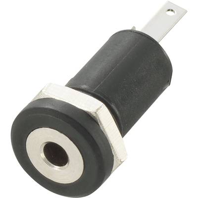 Gniazdo audio z czarną obudową i srebrną oprawą metalową, odpowiednie do urządzeń elektronicznych.