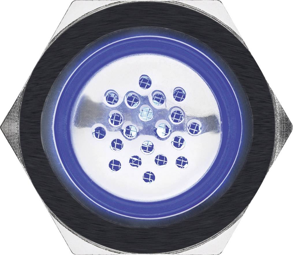 Zbliżenie niebieskiej diody LED z wieloma małymi świecącymi punktami na srebrnej metalowej powierzchni w kształcie sześciokąta.