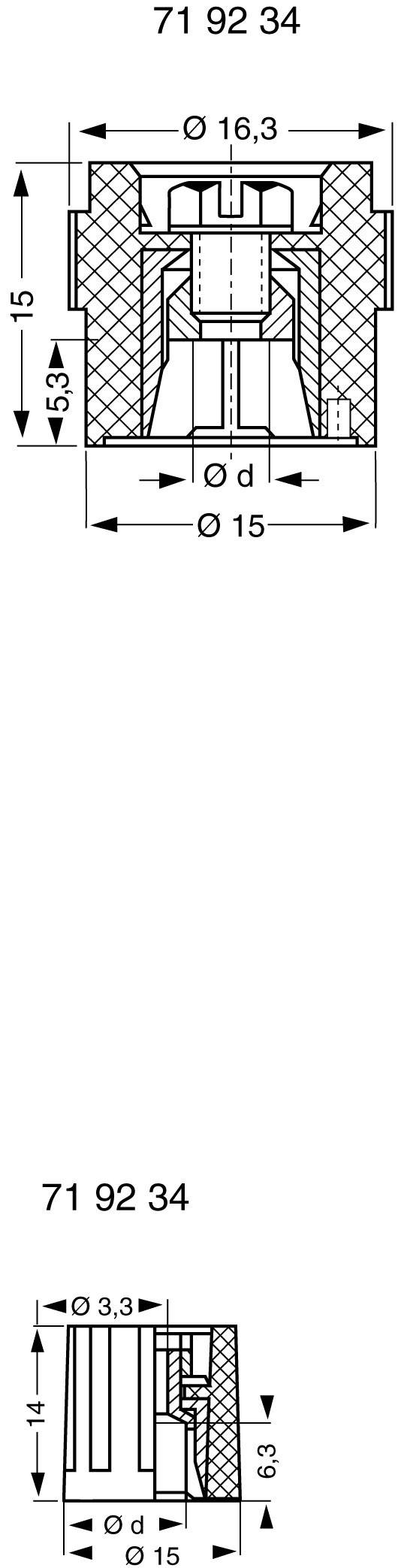 Rysunek techniczny metalowego elementu z wymiarami. Górna część: średnica 16,3 i głębokość 15. Dolna część: średnica 3,3 i głębokość 15.