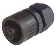 Czarny, cylindryczny złącz wtykowy o powierzchni żebrowanej, składający się z dwóch połączonych części, stosowany do połączeń kablowych.