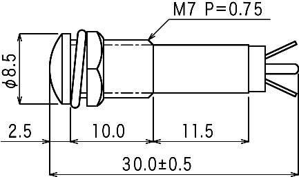 Rysunek techniczny gwintu śruby: długość 30 mm, średnica 8,5 mm, gwint M7 o skoku 0,75.