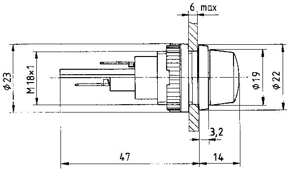 Rysunek techniczny przełącznika w przekroju z wymiarowaniem: całkowita długość 47 mm, średnica głowicy Ø19 mm, gwint metryczny M18x1.