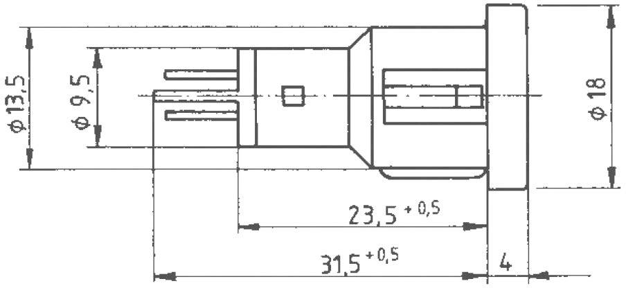 Rysunek techniczny złącza z wymiarami: średnica 13,5 mm, długość 31,5 mm i szerokość 18 mm.