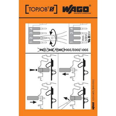 Instrukcja WAGO: Schemat połączeń elektrycznych dla listwy zaciskowej. Na górze: maksymalne napięcie. Na dole: instrukcja podłączenia przewodów.