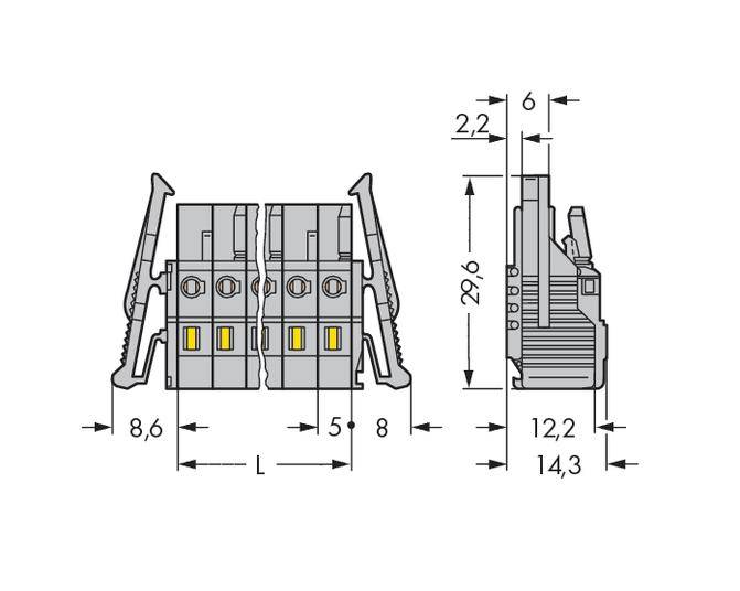Rysunek techniczny wtyczki z wymiarami w milimetrach: 8,6 x L x 5 + 8 z przodu, 12,2/14,3 z boku, 2,9/2,2 u góry.