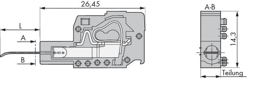 Rysunek techniczny elementu mechanicznego z dwoma widokami. Pokazuje wymiary: długość 26,45 mm, wysokość 14,3 mm. Przedstawia szczegółowe struktury wewnętrzne.