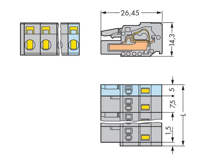 Diagram złącza wtykowego z wymiarami: szerokość 26,45 mm, wysokość 14,3 mm, odległość między zaciskami 7,5 mm. Widok z boku przedstawia mechanizm wewnętrzny.
