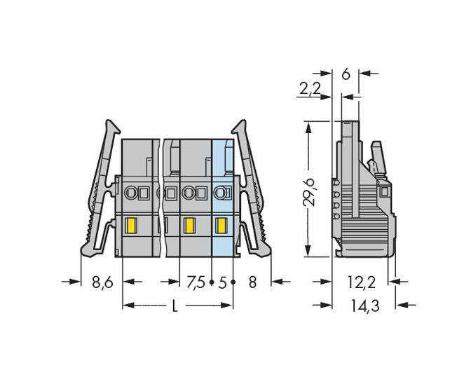Rysunek techniczny elektrycznego przełącznika. Przedstawia widok z przodu i z boku z podanymi wymiarami: szerokość, wysokość, głębokość w milimetrach.