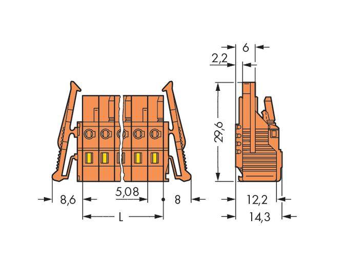 Rysunek techniczny dwubiegunowego złącza elektrycznego w kolorze pomarańczowym o wymiarach 8,6 x 5,08 x 14,3 mm.