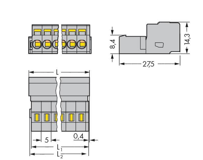 Diagram złącza elektrycznego. Przedstawia widok z przodu, boku i z góry z podanymi wymiarami: 8,4 mm, 14,3 mm, 27,5 mm.