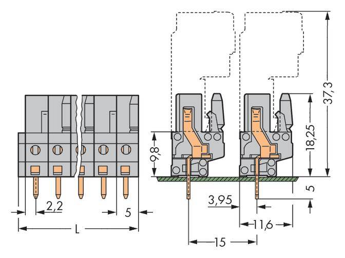 Rysunek techniczny przekaźnika z wymiarami: wysokość 37,3 mm, szerokość 5 mm oraz długości 11,6 mm, 3,95 mm i 2,2 mm.