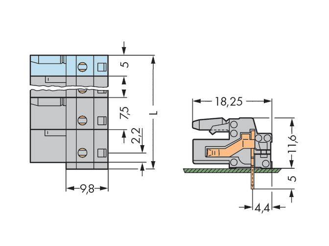 Rysunek techniczny elektrycznego przełącznika z wymiarami: szerokość 9,8 mm, wysokość 22 mm, głębokość 75 mm. Widok boczny i czołowy.