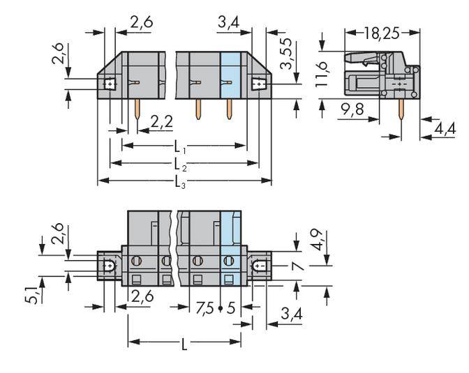 Rysunek techniczny elementu elektrycznego z precyzyjnymi wymiarami w milimetrach. Przedstawia widok z przodu i z boku. Główne cechy: 3,4 mm, 18,25 mm, 7,5 mm.
