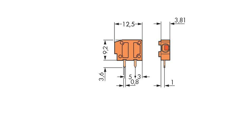 Elektroniczny element elektroniczny w kolorze pomarańczowym o wymiarach: szerokość 12,5 mm, wysokość 9,2 mm, grubość 3,81 mm. Dwa piny z podanymi długościami.