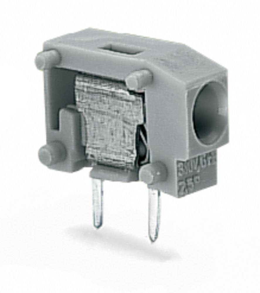 Szary elektroniczny złącze z dwoma metalowymi stykami i prostokątną obudową, przeznaczony do połączeń elektrycznych.