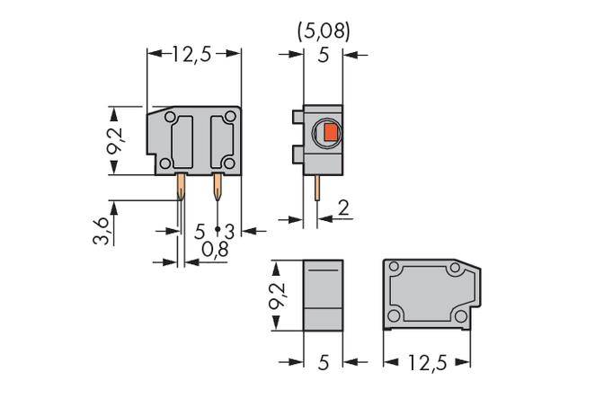 Schemat elektroniczny elementu o wymiarach: 12,5 x 9,2 x 3,6 mm. Przedstawiony widok z góry i widok z boku z zaznaczonymi odległościami między pinami.