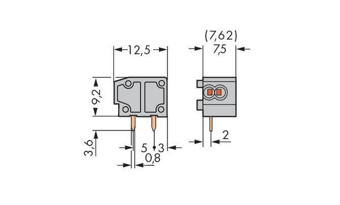 Ilustracja przedstawia rysunek techniczny elementu elektrycznego o wymiarach: 12,5 x 9,2 x 3,6 mm, odstęp 7,62 mm.