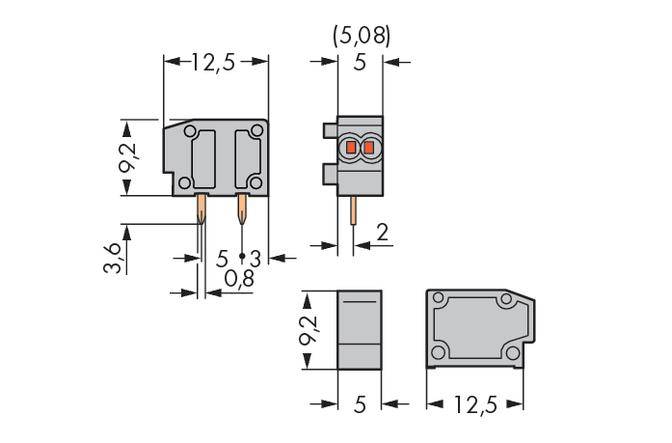 Rysunek przedstawia schemat techniczny elementu elektronicznego z wymiarami. Pomiary podane są w milimetrach.