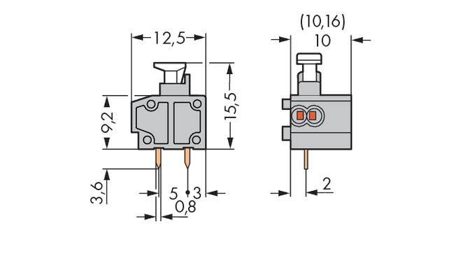 Rysunek techniczny przełącznika elektrycznego z wymiarami: szerokość 12,5 mm, wysokość 15,5 mm, głębokość 10 mm. Zaznaczone styki przełącznika.