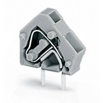 Szaro-biała, trójkątna część elektroniczna z dwoma metalowymi stykami u dołu, prawdopodobnie wtyk elektryczny lub adapter.