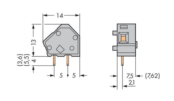 Rysunek techniczny prostokątnego elementu z podłączeniami elektrycznymi. Wymiary: wysokość 13 mm, szerokość 14 mm, głębokość 7,5 mm.
