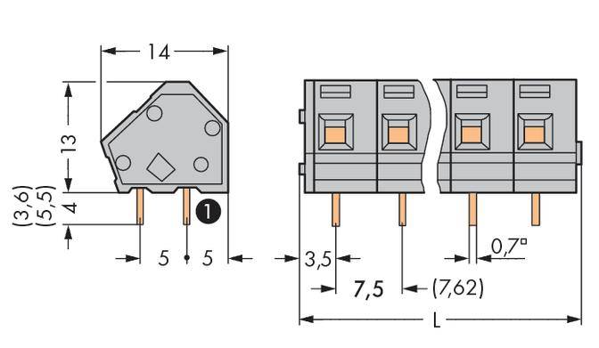 Rysunek dwóch złączy elektrycznych z wymiarami: wysokość 13 mm, szerokość 14 mm, odległość między pinami 7,5 mm, kąt 0,7 stopnia.