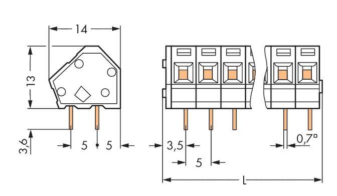 Rysunek techniczny prostokątnej wtyczki elektronicznej z pięcioma stykami. Wymiary: 14x13 mm. Odległość między stykami wynosi 5 mm.