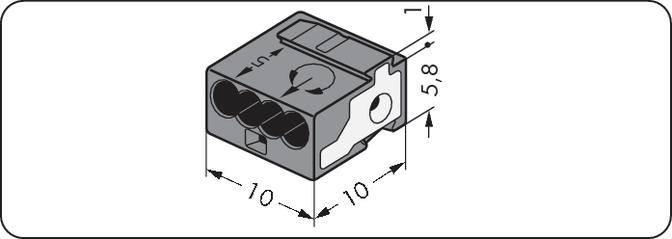 Rysunek techniczny złącza elektrycznego o wymiarach: 10 mm x 10 mm x 5,8 mm. Oznaczenia punktów podłączenia przewodów.