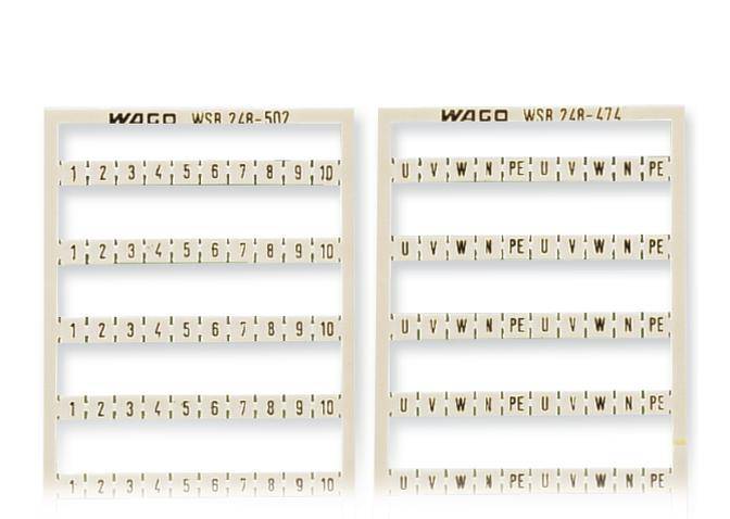 Dwie rzędy białych płytek z tworzywa sztucznego do oznaczania kabli, każda zadrukowana numerami lub literami. Po lewej stronie: numery od 1 do 10, po prawej stronie: litery od U do P oraz E.