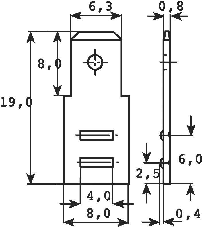 Rysunek techniczny elementu z wymiarami w milimetrach: szerokość 8,0, wysokość 19,0, głębokość 0,8. Szczegóły takie jak wcięcia i otwory są zaznaczone.