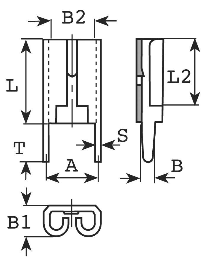 Rysunek techniczny złącza elektrycznego z oznaczeniami wymiarów: L, B1, B2, T, A, S, L2, B. Przedstawia kształt i gabaryty wtyczki.