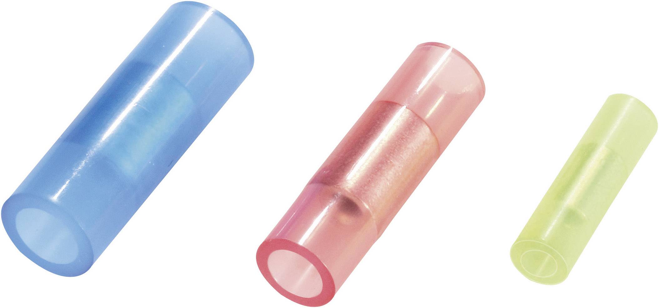 Trzy izolowane złącza kablowe w kolorach niebieskim, czerwonym i zielonym do łączenia kabli.