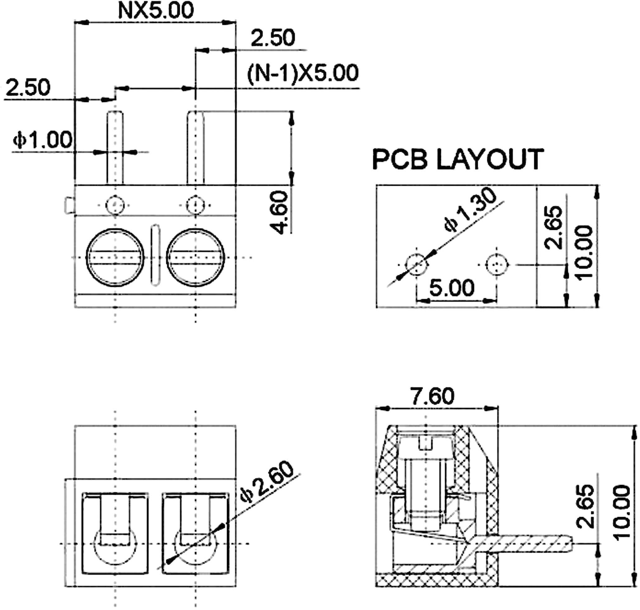 Rysunek techniczny układu PCB z wymiarami. Szczegóły przedstawiają średnicę otworów, rozstaw pinów oraz całkowite wymiary w milimetrach.
