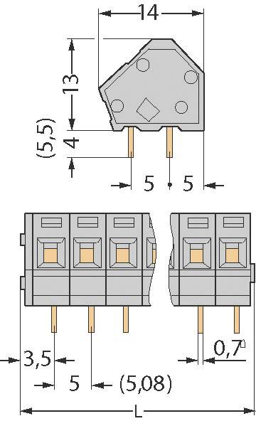 Rysunek techniczny złącza elektrycznego z wymiarami: góra 14 mm, szerokość 3,5 mm, rozstaw pinów 5 mm, szerokość przyłącza 5,08 mm.